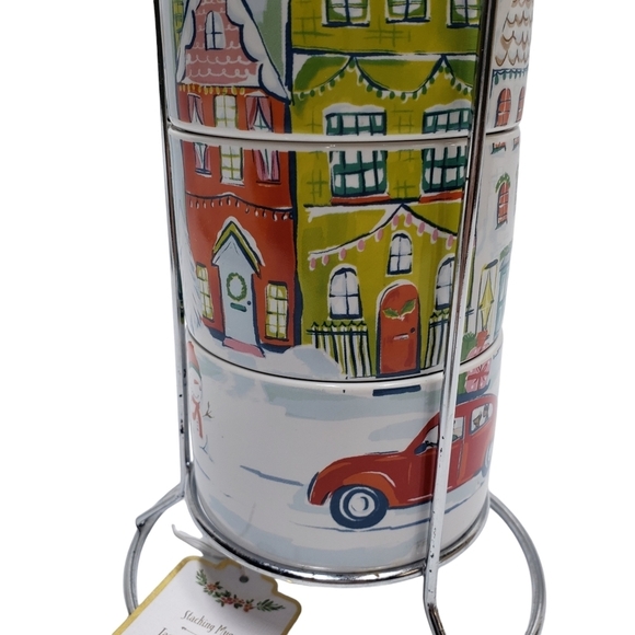 Pier 1 Stacking Christmas Village Winter Stoneware Mugs Set of 4 Metal S… - Picture 5 of 16